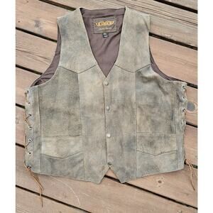 Vintage Unik Leather Apparel Tan Brown Distressed Western Biker Vest Men's XL
